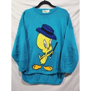 VTG 80s Looney Tunes Tweety Bird Merry Melodies LARGE Teal Sweater 1985